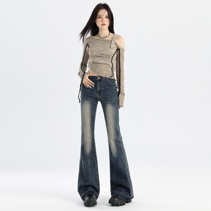 Retro blue micro-flared jeans women's spring and autumn new high-waisted and thin rough-edged design horseshoe flared pants