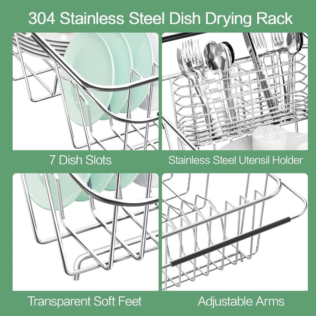 Drainer Expandable 304 Stainless Steel Metal Dish Drying Rack Organizer with Stainless Steel Dish Holder Inside the Sink In-sink Rack. Adjustable.