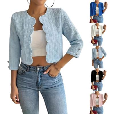 Women's Casual Vintage Style Solid Color Front Open Crop Jacket Outerwear for Spring and Autumn Lightweight Short Coat