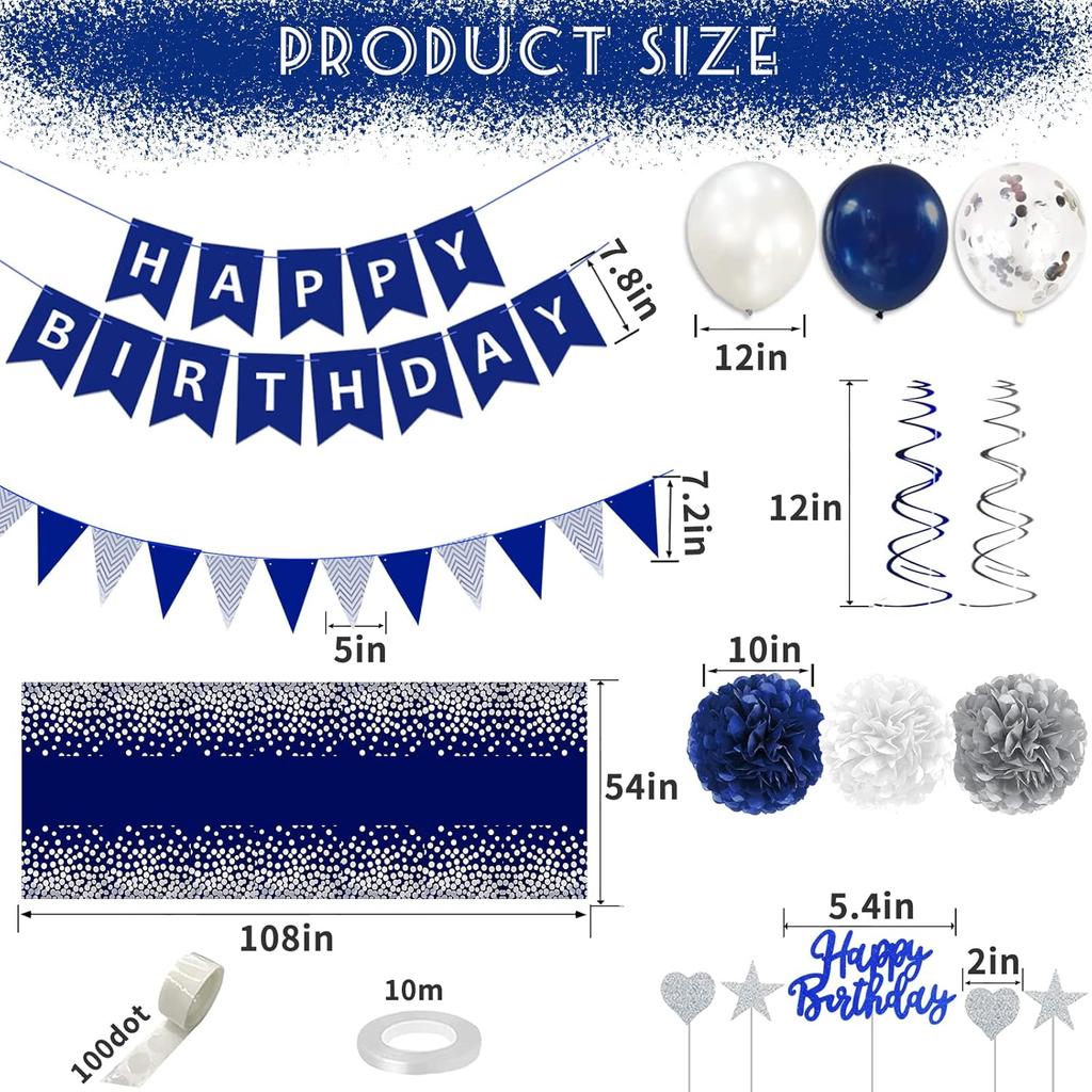 Navy Blue Silver Birthday Decorations for Men, Blue Birthday Party Supplies with Tablecloth Happy Birthday Banner Confetti Balloons Paper Pom Poms