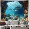 2D Underwater World Shark Tapestry, Blue Ocean Wall Decor for Dorm Room