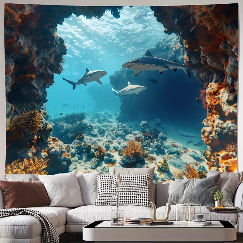 2D Underwater World Shark Tapestry, Blue Ocean Wall Decor for Dorm Room 47.2x31.5inch/120*80cm