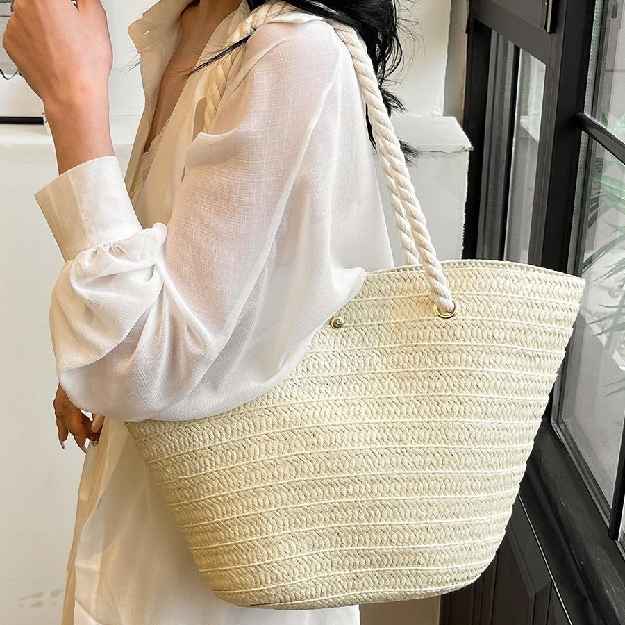2024 Summer Stylish Large Capacity Woven Tote Bag For Women In Beige And Khaki For Casual Travel