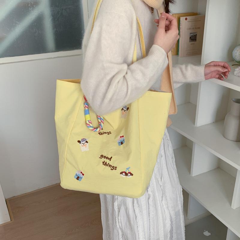 Cute Cherry Puppy Embroidered Tote Bag Large Capacity Casual Shoulder Handbag for Women KTB