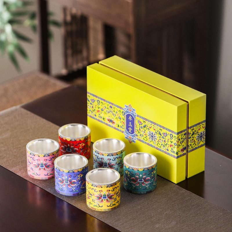 Elegant Hand-Painted Gilded Silver Teacup with Enamel, Gift Box & Bag