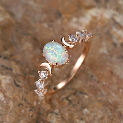 Anello in pietra di fuoco bianco arcobaleno Anelli in argento color oro rosa piccoli a forma di luna per le donne Fedi nuziali Anello di fidanzamento in pietra ovale Gioielli