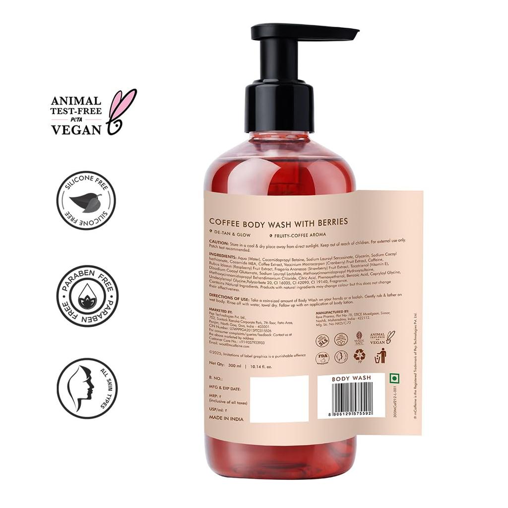 mCaffeine Coffee Body Wash With Berries 300 Ml Fruity Fragrance Shower Gel For Men Women Deep Cleansing Glow Skin Care