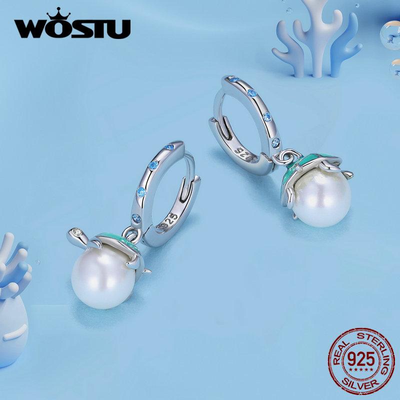 WOSTU 925 Sterling Silver Green Turtle White Pearl Drop Dangle Earrings For Women Summer Beach Jewelry Gift