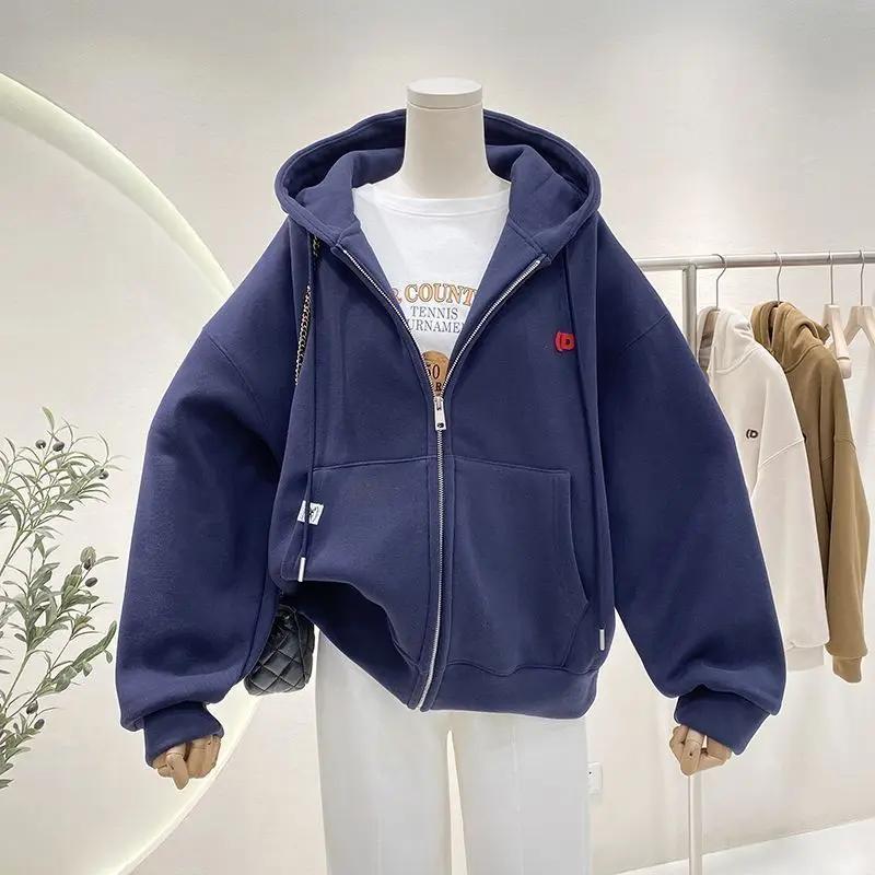 Fleece-Lined Hooded Sweatshirt Women's Loose-Fit Sensible Niche Slimming Versatile Plus Size Casual Girlfriend Trendy Jacket