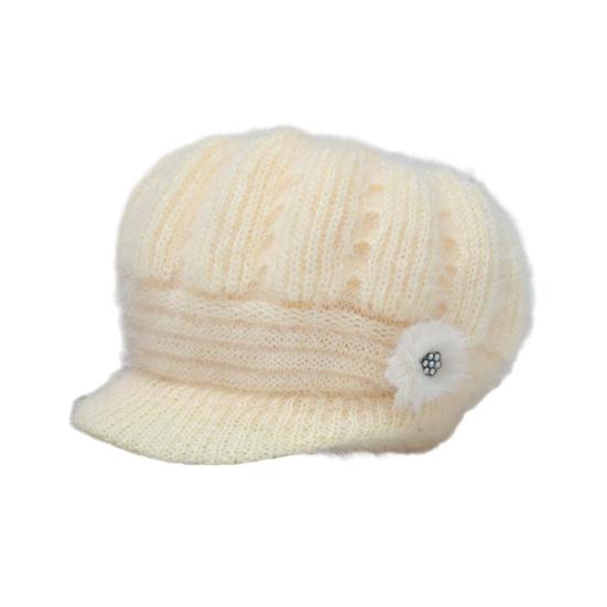 Women Knitting Hat Extended Brim Thickened Plush Winter Hat Solid Color Flower Decor Warm Hat Fashion Accessories