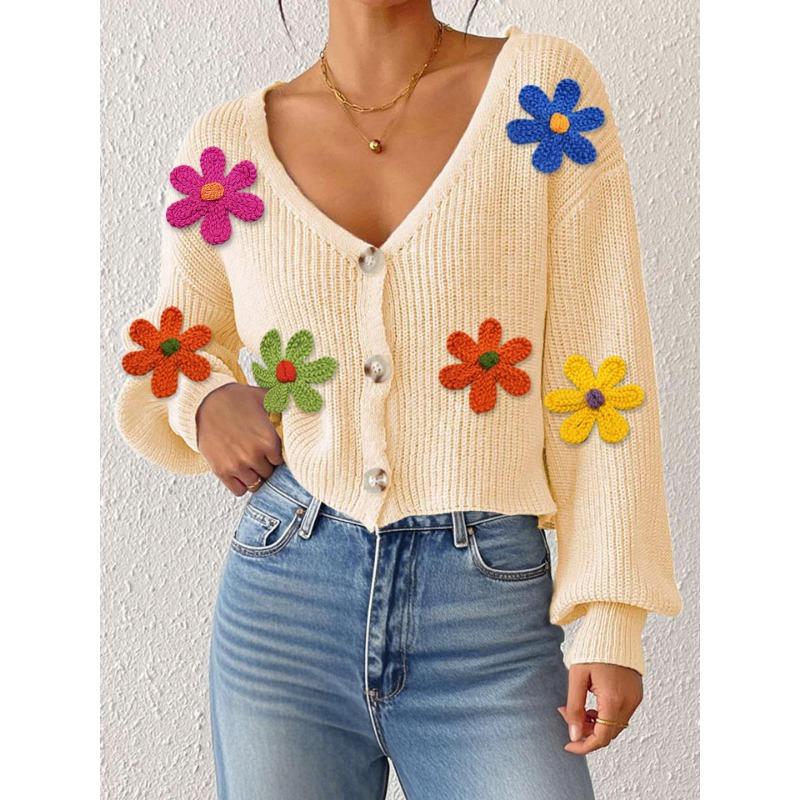 Women's Autumn and Winter New Three-dimensional Embroidery Colorful Flower Splicing Button Cardigan Sweater Short Coat for Women