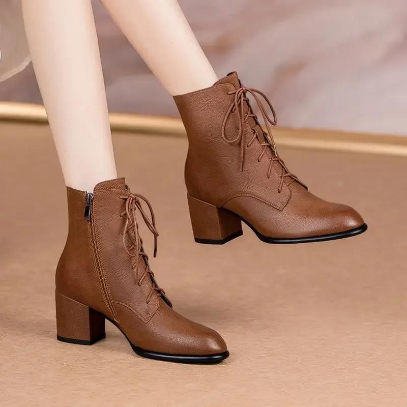 Fashion Leather Booties Brown Elegant With Medium Heels Female Short Shoes New Rock Spring 2025 Designer Luxury Sale Women's Ankle Boots