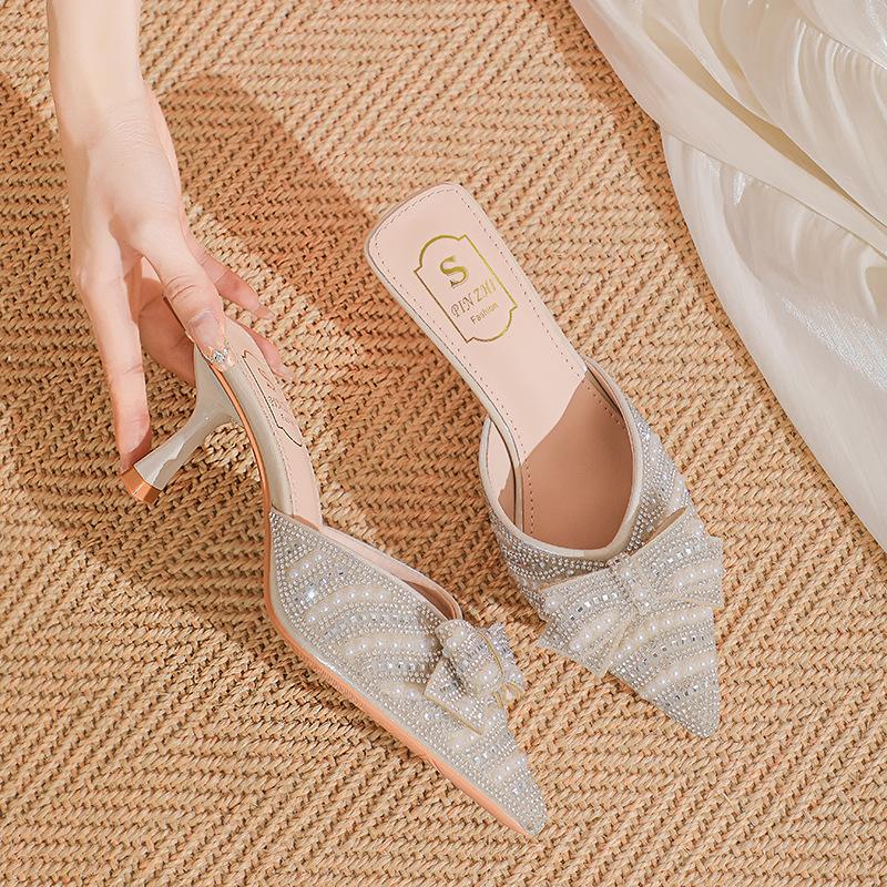 Celebrity pearl bag head half slippers women's summer wear sandals one pedal bow high-heeled slippers
