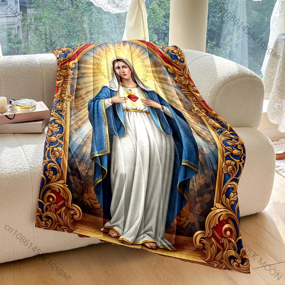 1PC Virgin Mary Sacred Heart Faith-printed Flannel Blanket Soft and Warm Suitable for Home Travel Picnics Camping and RV Use
