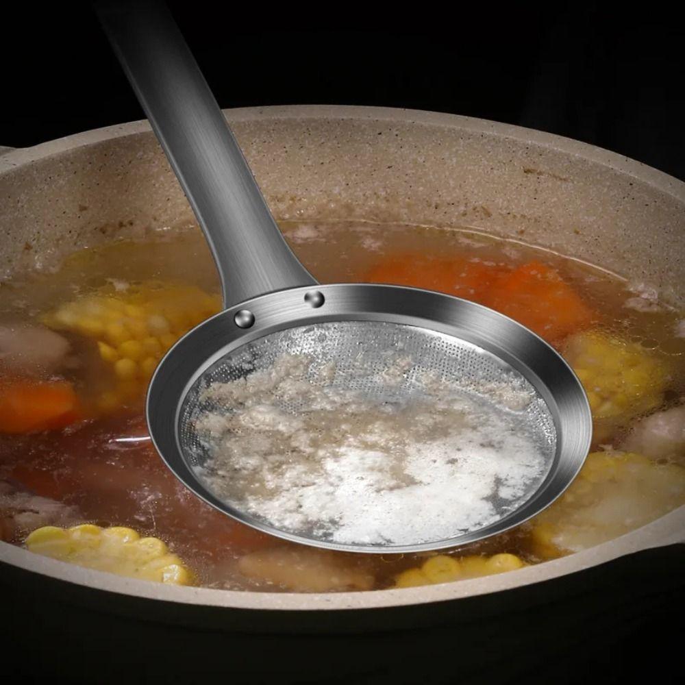 Long Handle Stainless Steel Oil Skimmer Reusable Kitchen Strainer  Kitchen Gadgets