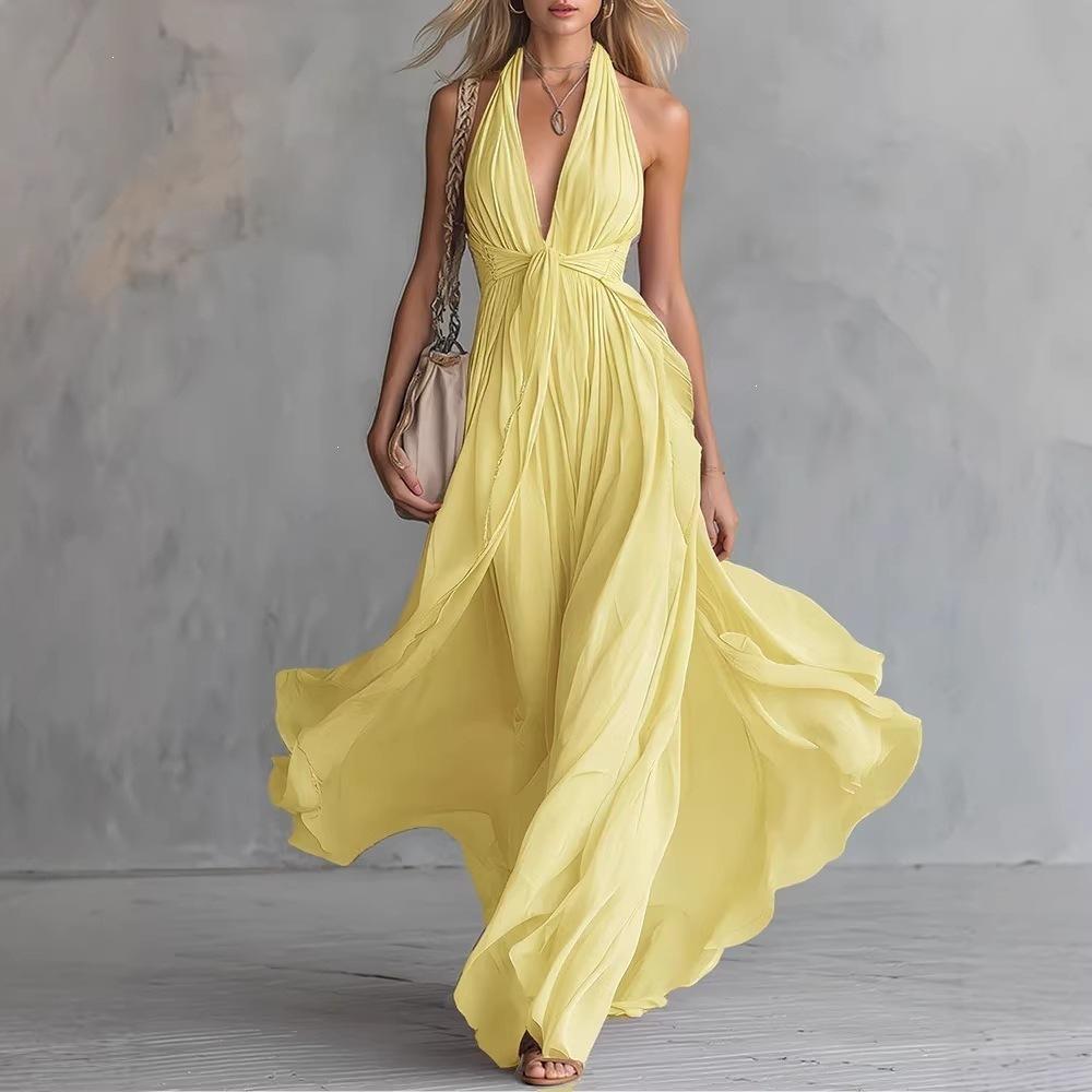 Europe, America 2026 summer women's new holiday style long dress V-neck sexy solid color sleeveless waist lace-up dress