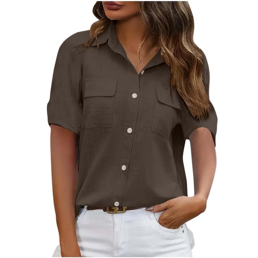 Damska -Kolorowa Koszula z Krótkim Rękawem i Kieszenią