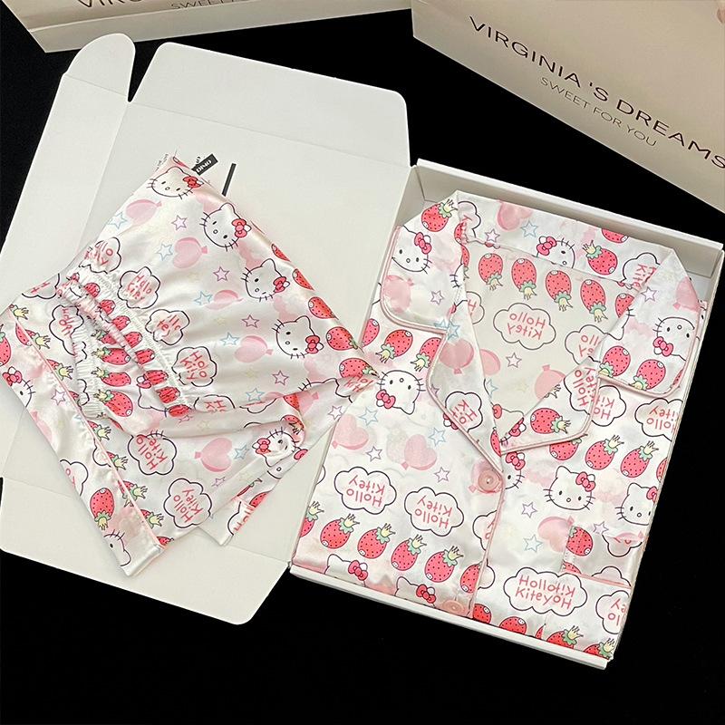 Wind Sweet Short-Sleeved Pajamas Summer Cartoon Girl Strawberry Ice Silk Loungewear Set Summer M