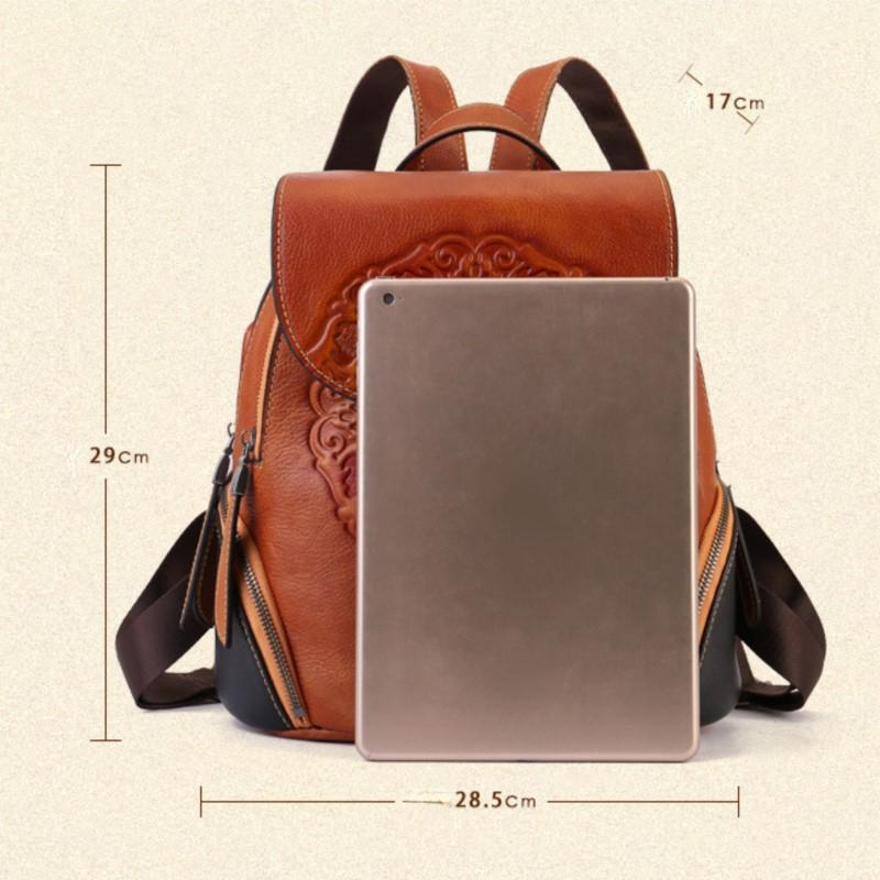 Johnature Retro Handmade Totem Embossed Genuine Leather Backpack Women Bag Large Capacity Cowhide Bagpack Travel Bags