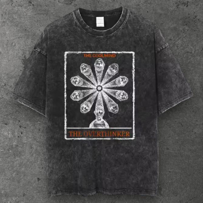Mens Tarot Card Overthinker Graphic T Shirt Washed Black Alt Fashion S-4XL S