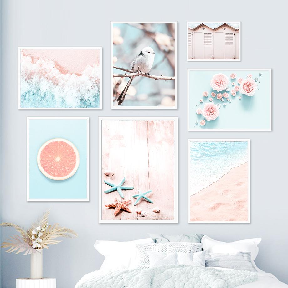Summer Sea View Wall Art Canvas Painting Beach Scenery Posters Flamingo Flower Starfish Wall Pictures For Living Room Decor
