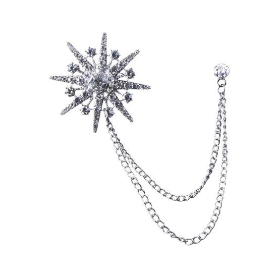Suits Brooch, Double-Layer Thin Chain, Elegant with High-Gloss Rhinestones Dazzling Starburst Brooch, for Formal Suits And B