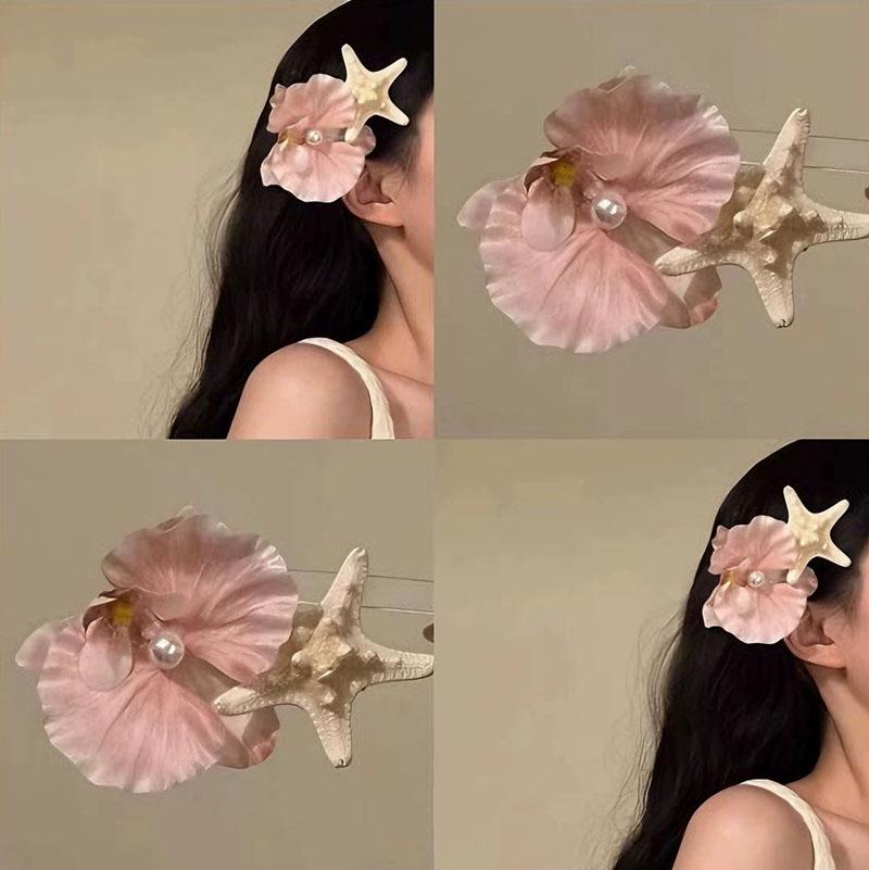Sweet Orchid Flower Hairpin for Women Pearl Resin Starfish Hair Clip Seaside Headwear Bohemian Side Clip Y2K Hair Accessories
