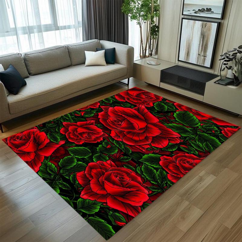 Red Black Rose Pattern Carpet Mat Rug Home Decoration Non-slip Soft Thick Floor Mat Living Room Bedroom Vintage Area Rug