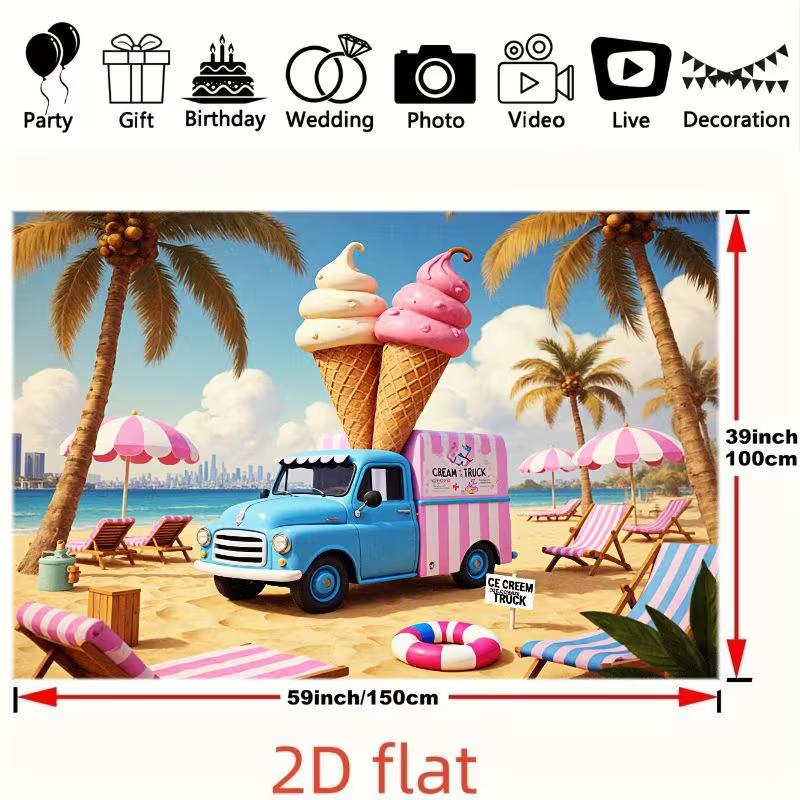 2D Whimsical Ice Cream Truck Backdrop for Kids Summer Birthday