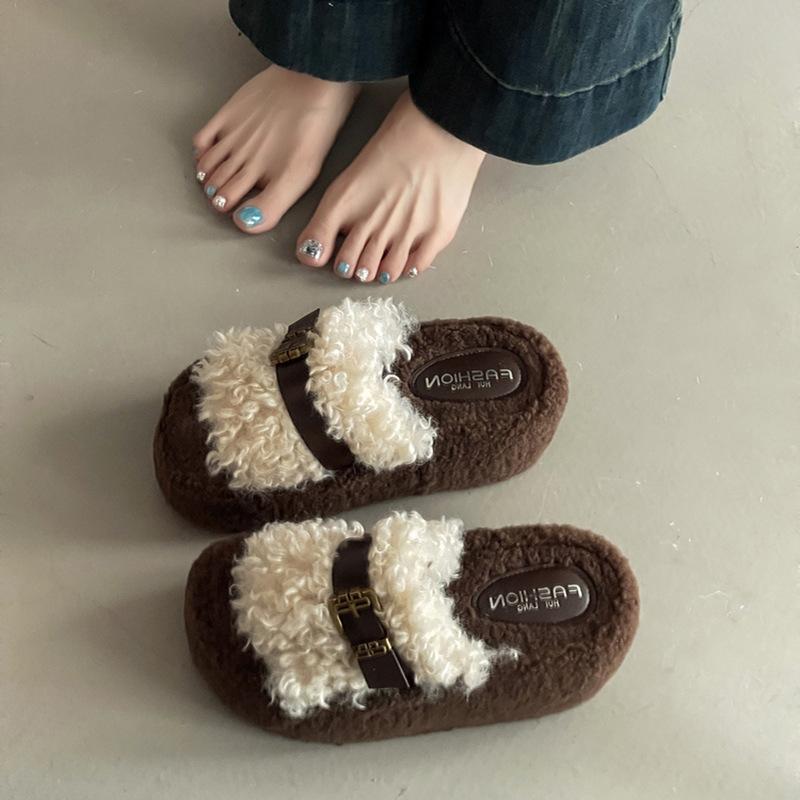 Piaohong retro style thick bottom heightening exquisite belt buckle Mao Mao slippers women's 2025 autumn and winter new one-word cotton slippers