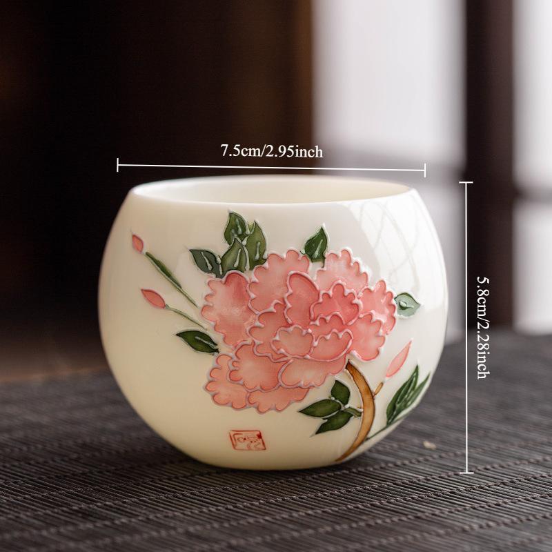 Hand Drawn Relief Sheep Fat Jade High End Ceramic Tea Cup Single Cup