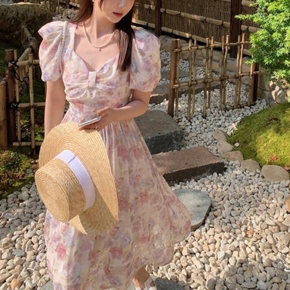 Buy Chic Short Sleeve Elegant Midi Dresses Women Casual Floral Design Vintage Fairy Dress Females One Piece Dress Korean 21 Summer At Affordable Prices Free Shipping Real Reviews With Photos Joom
