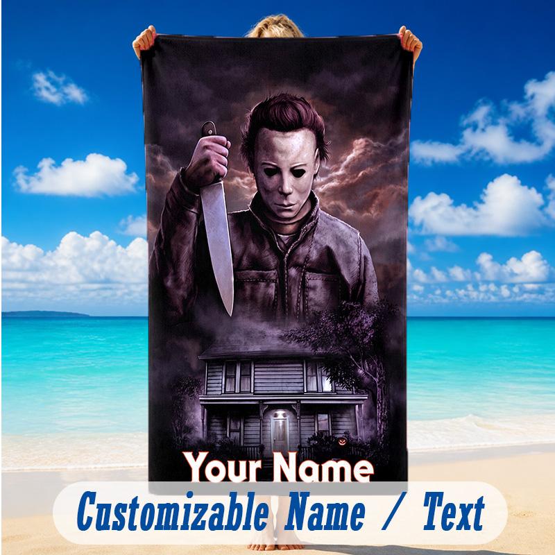 Beach Towel Custom Name Text, Quick Dry Large Towel For Beach HomeHalloween Michael Myers