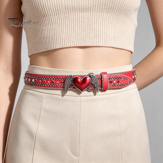 Imitation Leder Gürtel Engelsflügel Herzförmige Schnalle Gürtel, Vintage PU Punk Verstellbar Nietenbesetzt Auffällig Statement Taille für Jeans Kleider
