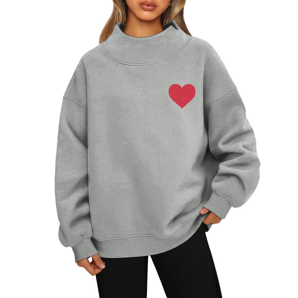 Women's Valentine's Day Print Fashion Loose High-Collar Long Sleeve Color Sweatshirt Pullover