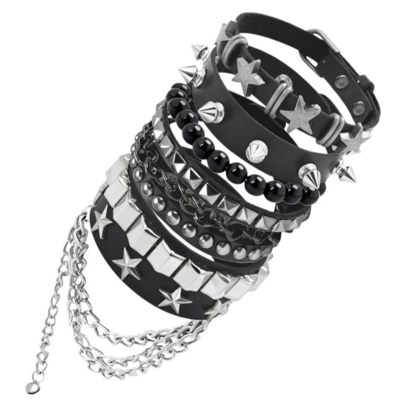 Gothic Punk Multi Layer Spike Stud Leather Bracelet 5 Piece Set