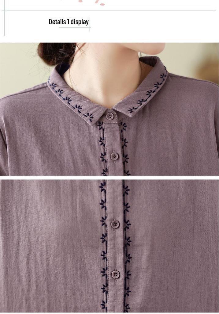 Women's Artistic Retro Embroidered Cotton Linen Shirt - Loose Casual Top for Spring 2026 Arrival