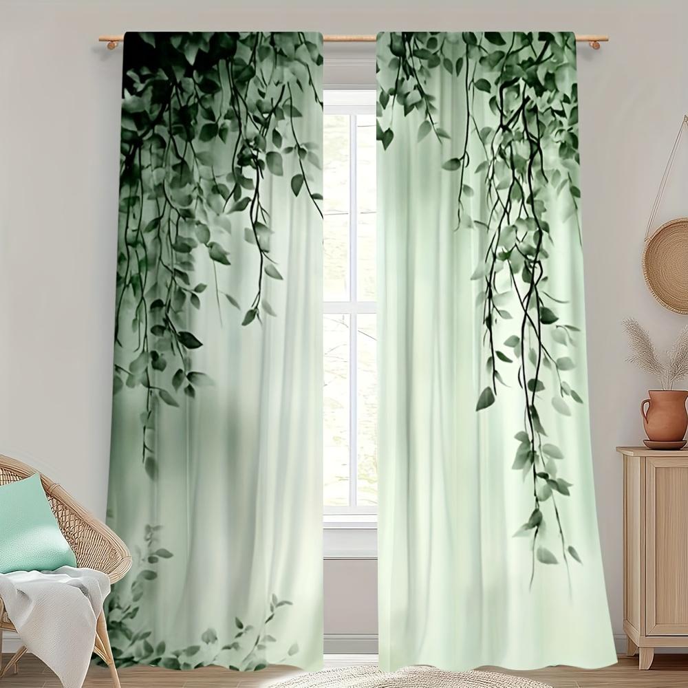 Hanging Vine Leaf Watercolor Pattern Curtains, Rod Pocket Design for Bedroom and Living Room