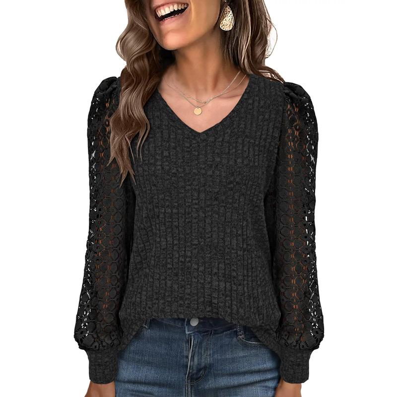 Women's Casual V-Neck Lace Long Sleeve Base Shirt Color Block Design Pure Color Tops Spring Autumn T-Shirt