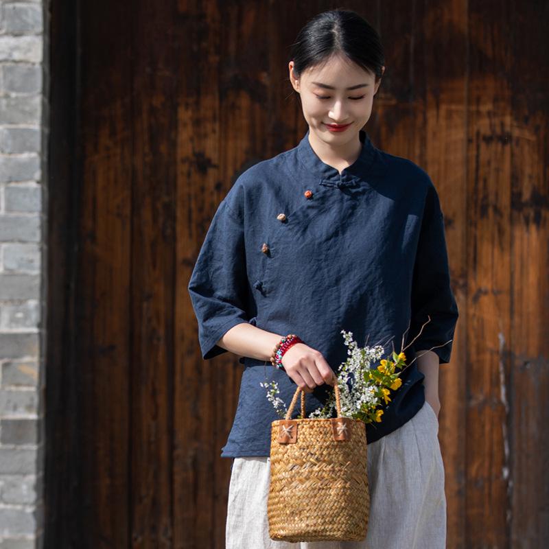 Spring 2026 Women's Zen Tea Ceremony Shirt: Chinese Style, Stand Collar, Color Blocked Cotton Linen