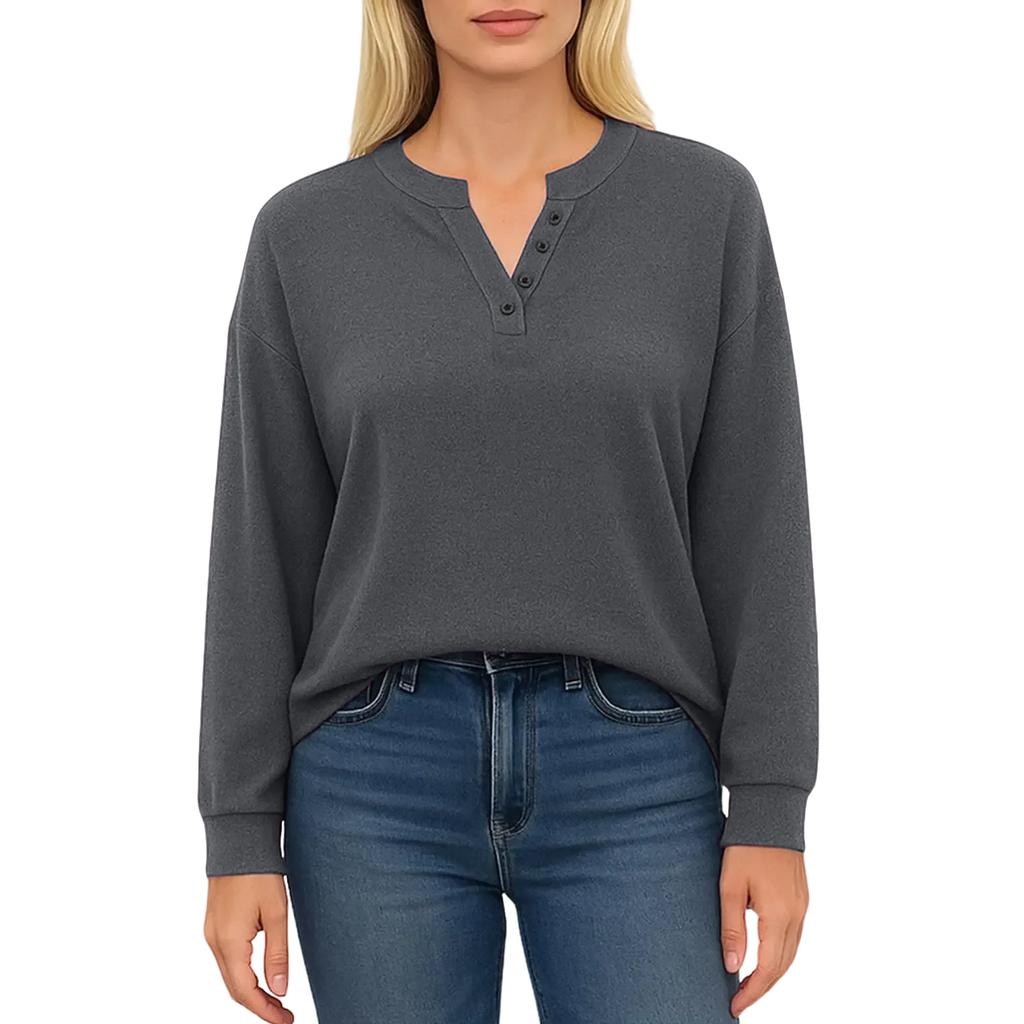 Women's Fashionable Solid Color Long Sleeved V-neck Button Casual Loose Pullover Top