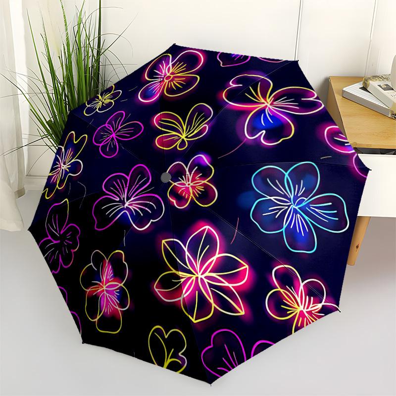 1PC Neon Flowers Automatic Folding Umbrella Portable Collapsible 8-Rib Umbrella for All Seasons, Casual Outdoor Accessory, A40