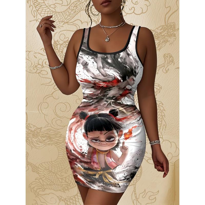 Womens Sleeveless Bodycon Midi Dress With 3D Print Breathable Lightweight Casual Office Wear
