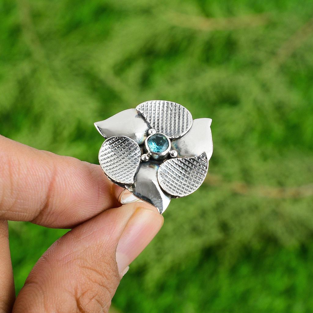 Promise Flower Adjustable Ring 925 Silver Natural Swiss Blue Topaz