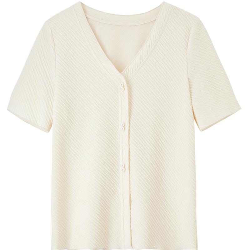 Women s V-Neck Pearl Button Short Sleeve T-Shirt L