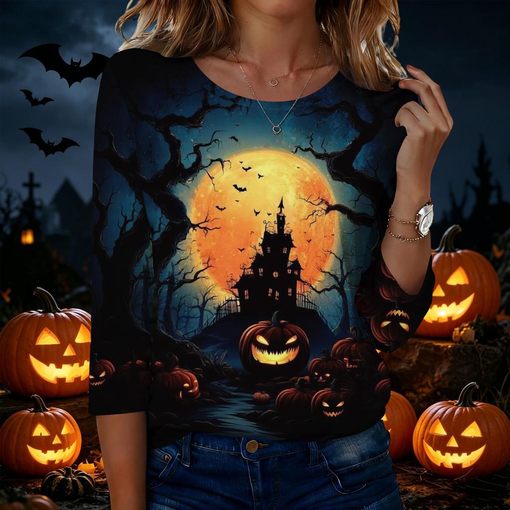 Women’s Casual Halloween Print Crew Neck Three Quarter Sleeve Tee Shirt Top with and Pumpkin Design for Autumn
