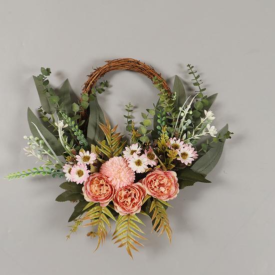 16 Inch Artificial Rattan Wreath with Flowers Lifelike Faux Hydrangea Wreath for Spring Summer Indoor Outdoor Home Wall Porch Farmhouse Decor