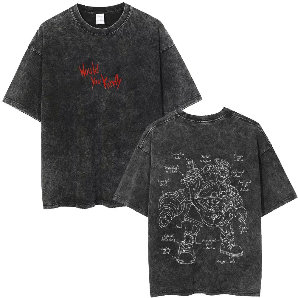 Classic Shooting Game Bioshock Vintage Washed T-shirt Hip Hop Oversized T Shirt Gothic Rock T-shirts Streetwear Unisex