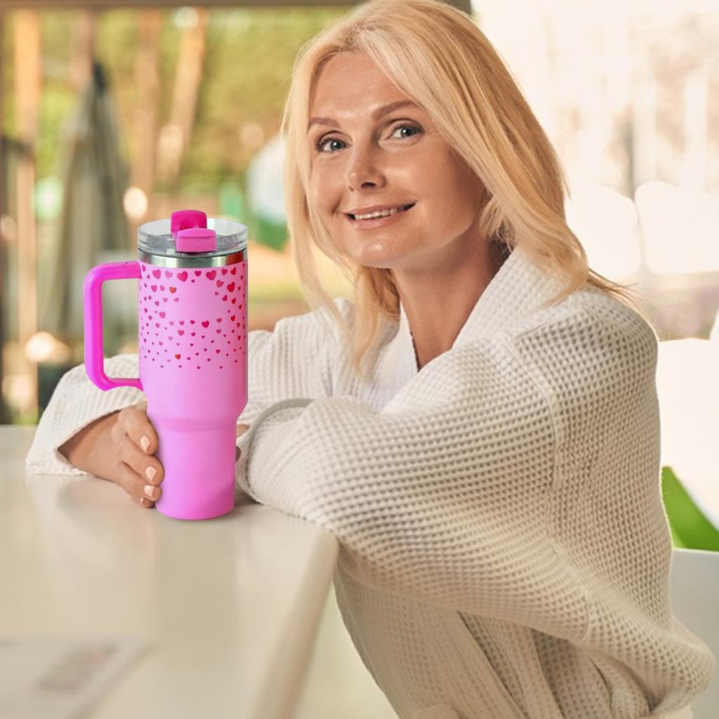 40oz Stainless Steel Mug Flip Straw Cup With Leak Proof Lid Built In Straw And Handle Valentine's Day Gift Mug (red Heart)