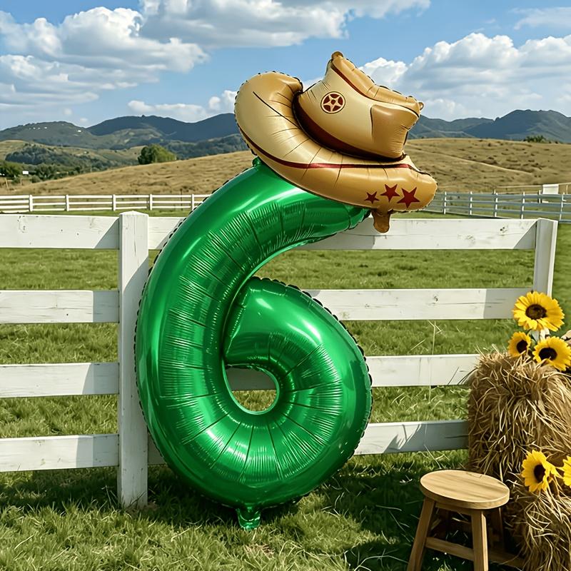 2pcs Farm Theme Party Balloon Set 32-Inch Green Number 0-9 Balloons Hat-Shaped Balloon Birthday Parties Anniversaries Decoration
